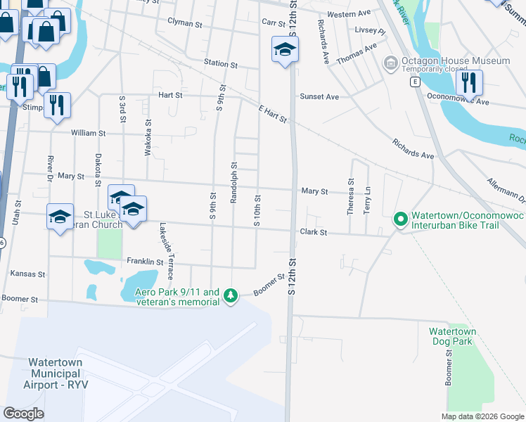 map of restaurants, bars, coffee shops, grocery stores, and more near 1404 South 10th Street in Watertown