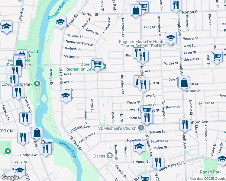 map of restaurants, bars, coffee shops, grocery stores, and more near 324 Avenue B in Rochester