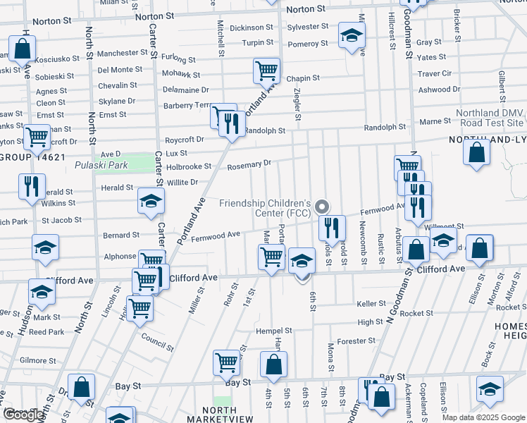 map of restaurants, bars, coffee shops, grocery stores, and more near 60 Aurora Street in Rochester