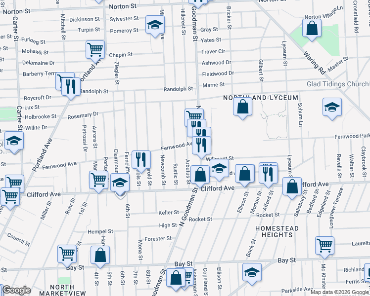 map of restaurants, bars, coffee shops, grocery stores, and more near 462 Fernwood Avenue in Rochester