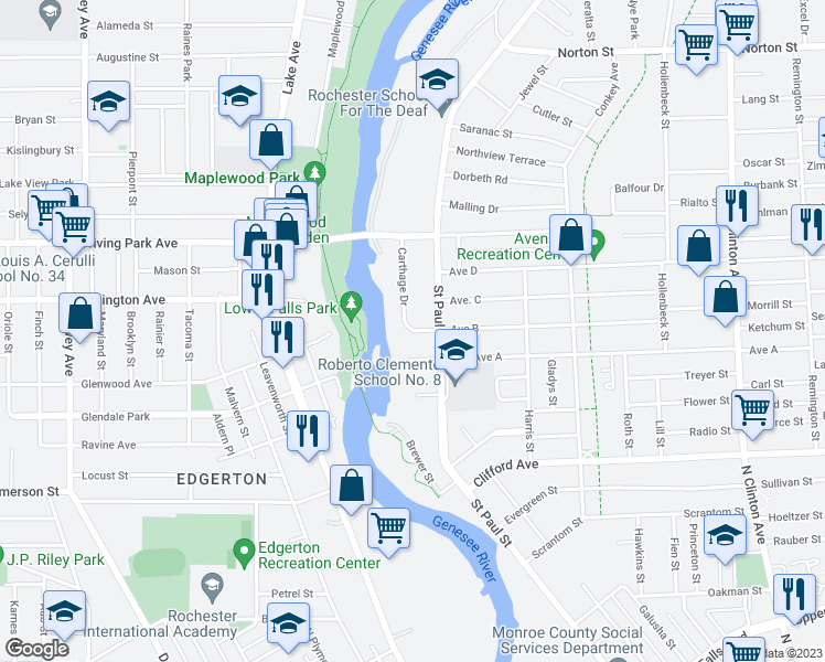 map of restaurants, bars, coffee shops, grocery stores, and more near 9 Carthage Drive in Rochester