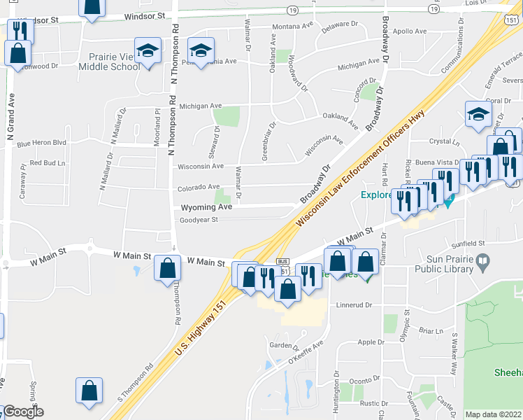 map of restaurants, bars, coffee shops, grocery stores, and more near 2017 Wyoming Avenue in Sun Prairie