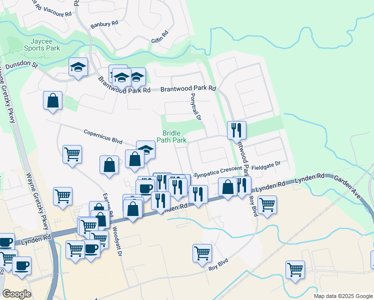 map of restaurants, bars, coffee shops, grocery stores, and more near 99 Sympatica Crescent in Brantford