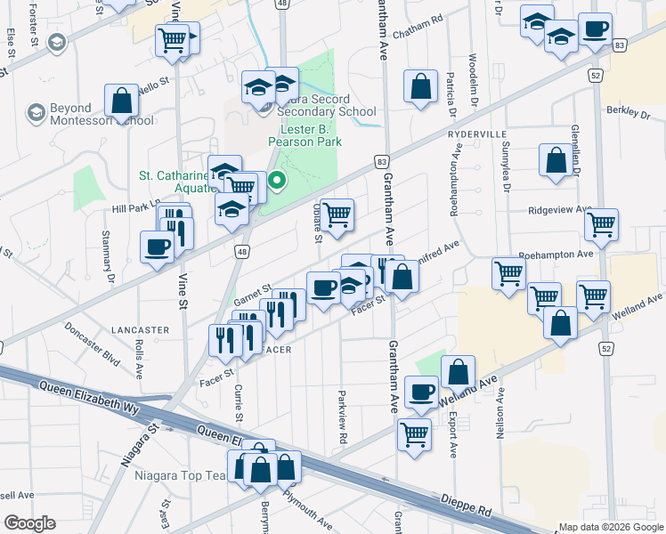 map of restaurants, bars, coffee shops, grocery stores, and more near 36 Brighton Avenue in St. Catharines
