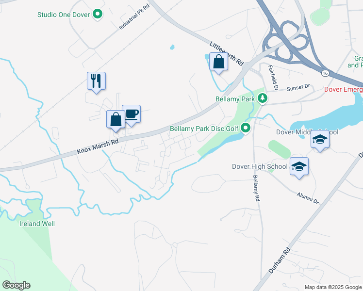 map of restaurants, bars, coffee shops, grocery stores, and more near 7 Western Avenue in Dover
