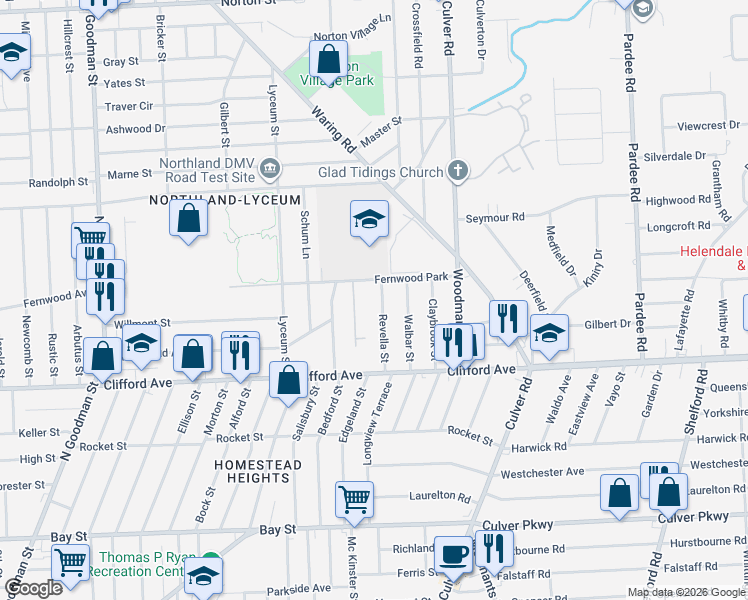 map of restaurants, bars, coffee shops, grocery stores, and more near 128 Revella Street in Rochester