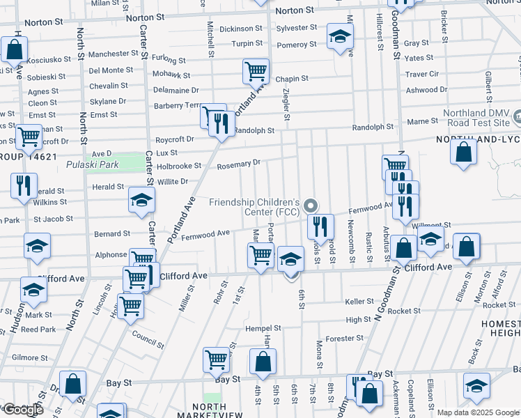 map of restaurants, bars, coffee shops, grocery stores, and more near 60 Aurora Street in Rochester