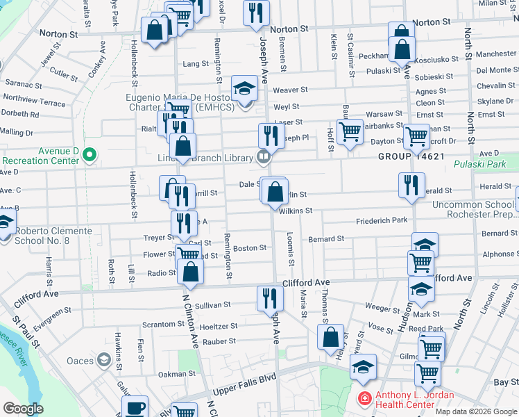map of restaurants, bars, coffee shops, grocery stores, and more near 74 Seabrook Street in Rochester
