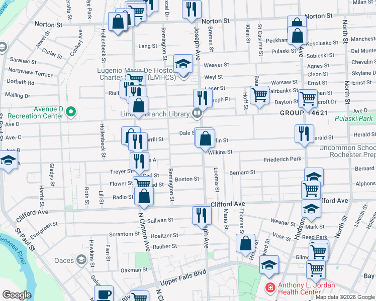 map of restaurants, bars, coffee shops, grocery stores, and more near 74-76 Seabrook Street in Rochester