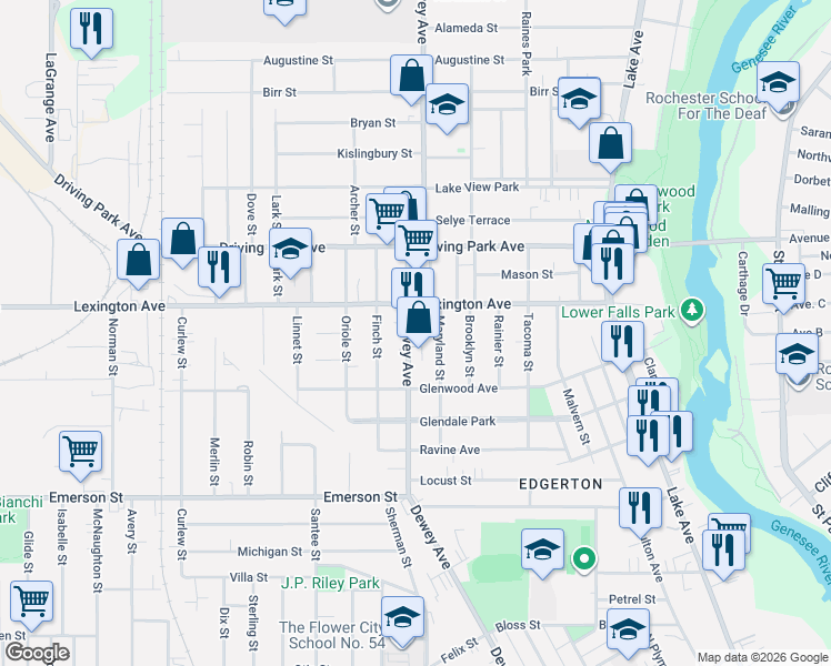 map of restaurants, bars, coffee shops, grocery stores, and more near 325 Lexington Avenue in Rochester