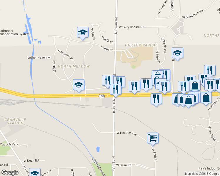 map of restaurants, bars, coffee shops, grocery stores, and more near 8841 North Swan Road in Milwaukee