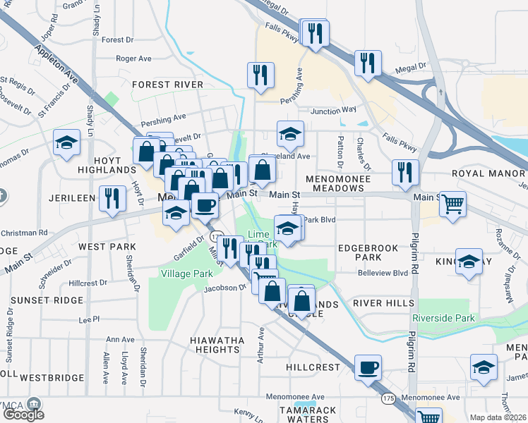 map of restaurants, bars, coffee shops, grocery stores, and more near N89W16353 Main Street in Menomonee Falls