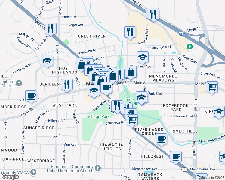 map of restaurants, bars, coffee shops, grocery stores, and more near N88 W16595 Main Street in Menomonee Falls