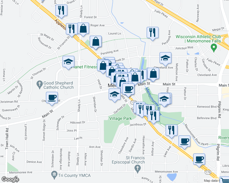 map of restaurants, bars, coffee shops, grocery stores, and more near N88W16848 Main Street in Menomonee Falls
