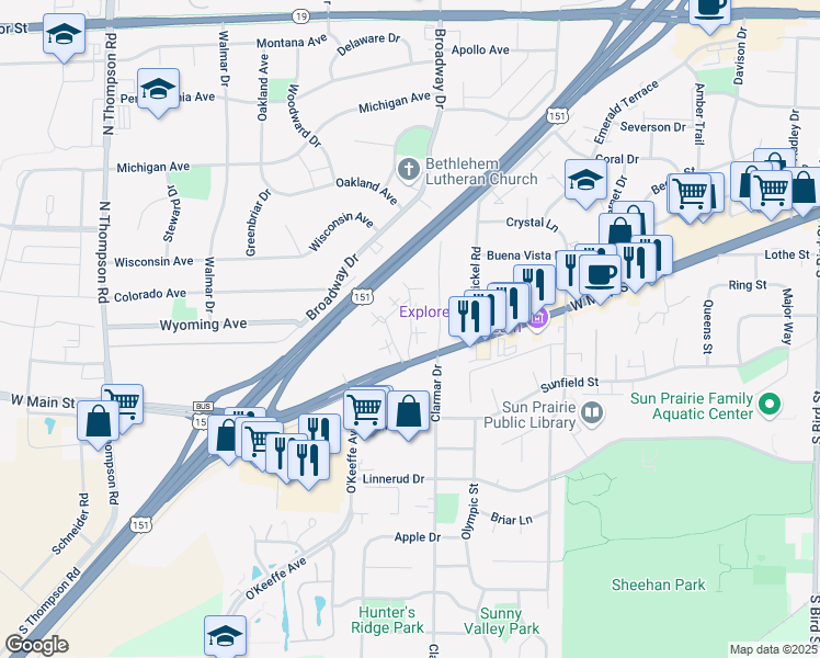 map of restaurants, bars, coffee shops, grocery stores, and more near 500 Park Circle in Sun Prairie