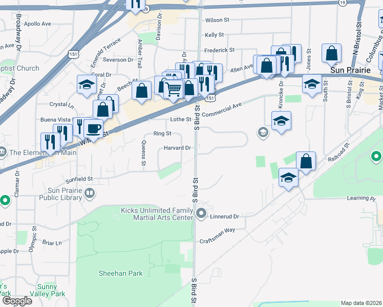 map of restaurants, bars, coffee shops, grocery stores, and more near 300 South Bird Street in Sun Prairie