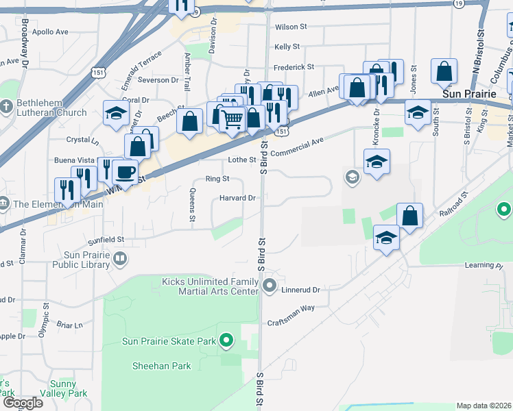 map of restaurants, bars, coffee shops, grocery stores, and more near 300 South Bird Street in Sun Prairie