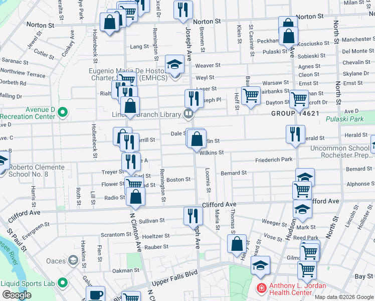 map of restaurants, bars, coffee shops, grocery stores, and more near 74 Seabrook Street in Rochester