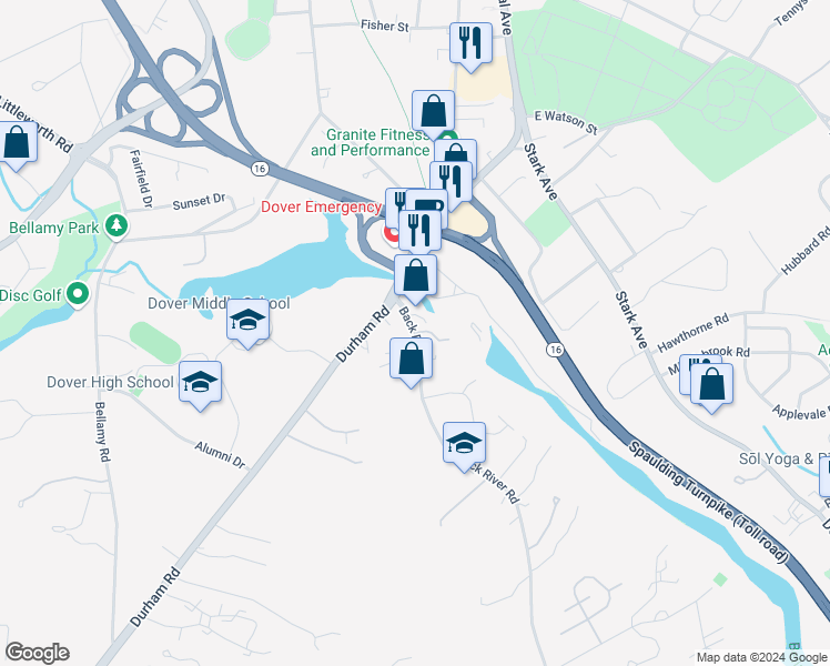 map of restaurants, bars, coffee shops, grocery stores, and more near 6 Back River Road in Dover