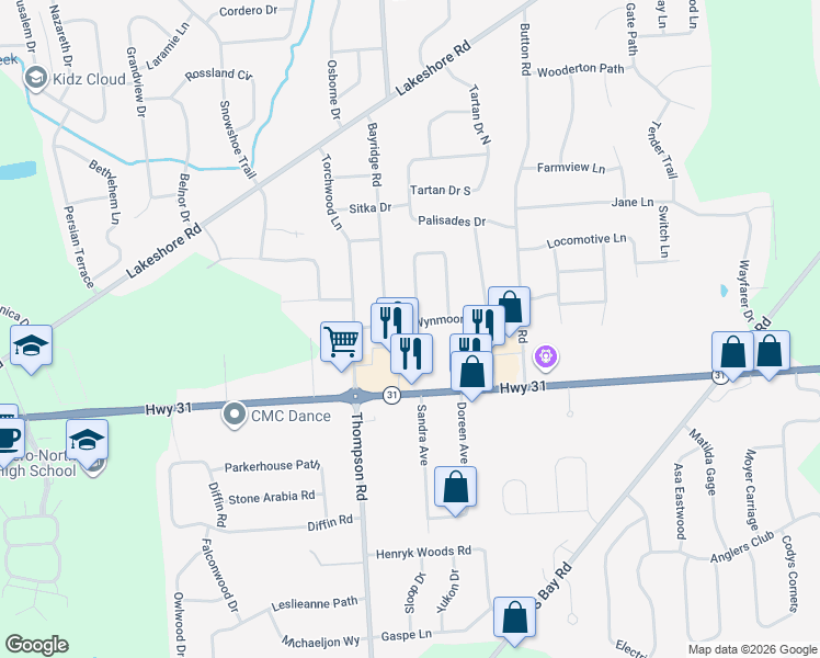 map of restaurants, bars, coffee shops, grocery stores, and more near 8444 Bayridge Road in Cicero