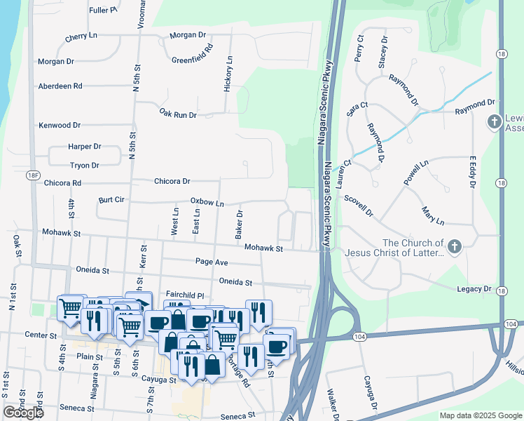 map of restaurants, bars, coffee shops, grocery stores, and more near 885 Oxbow Lane in Lewiston