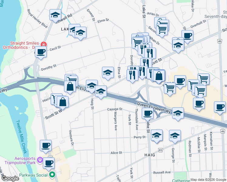 map of restaurants, bars, coffee shops, grocery stores, and more near 73 Meadowvale Drive in St. Catharines