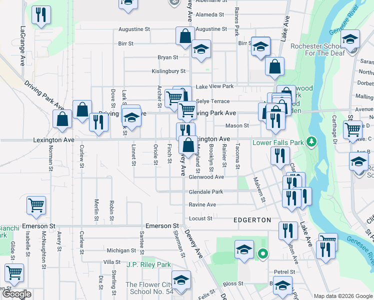 map of restaurants, bars, coffee shops, grocery stores, and more near 325 Lexington Avenue in Rochester