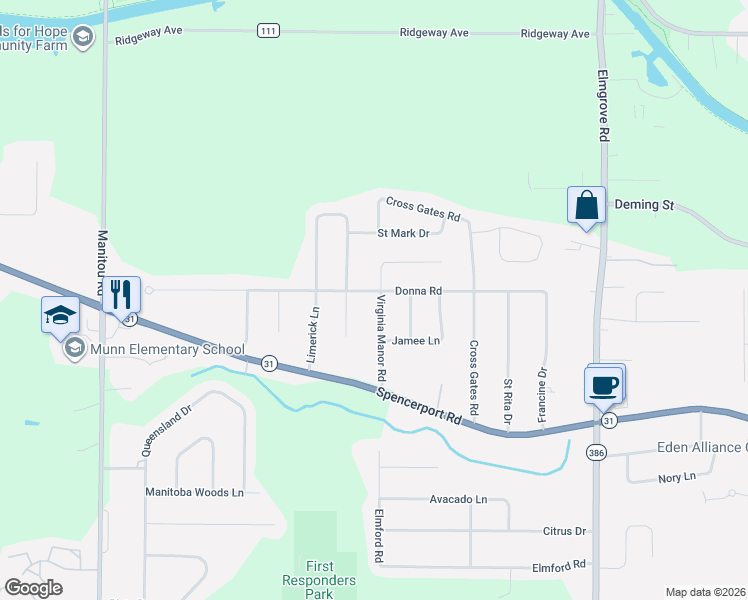 map of restaurants, bars, coffee shops, grocery stores, and more near 51 Virginia Manor Road in Rochester