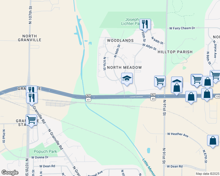 map of restaurants, bars, coffee shops, grocery stores, and more near 8721 North 97th Street in Milwaukee