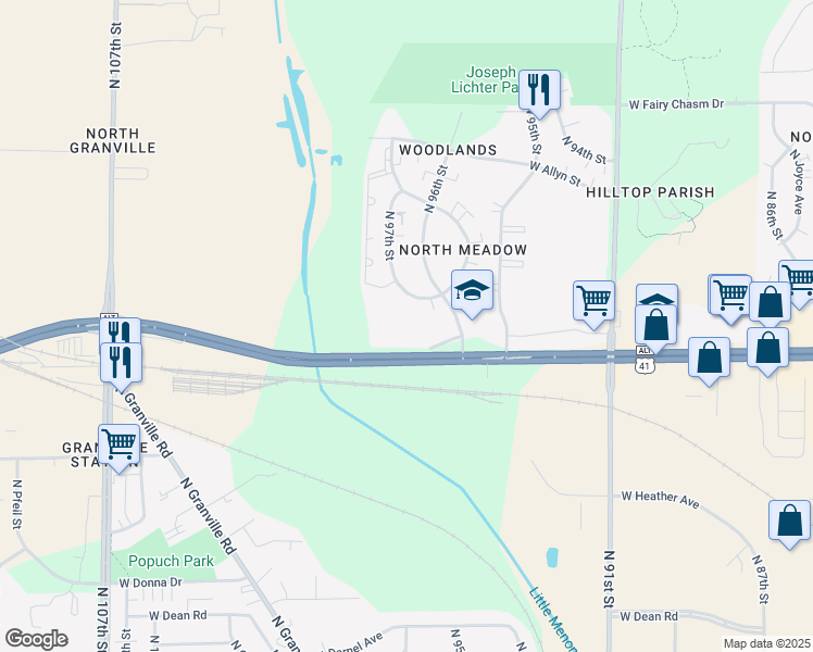 map of restaurants, bars, coffee shops, grocery stores, and more near 8721 North 97th Street in Milwaukee