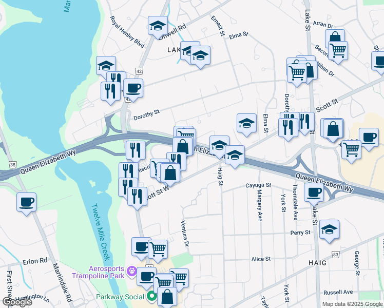 map of restaurants, bars, coffee shops, grocery stores, and more near 21 Maywood Avenue in St. Catharines