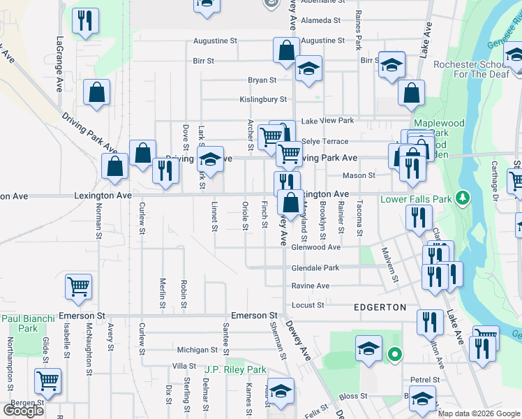 map of restaurants, bars, coffee shops, grocery stores, and more near 435-437 Lexington Avenue in Rochester