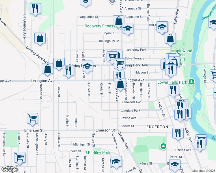 map of restaurants, bars, coffee shops, grocery stores, and more near 53 Finch Street in Rochester