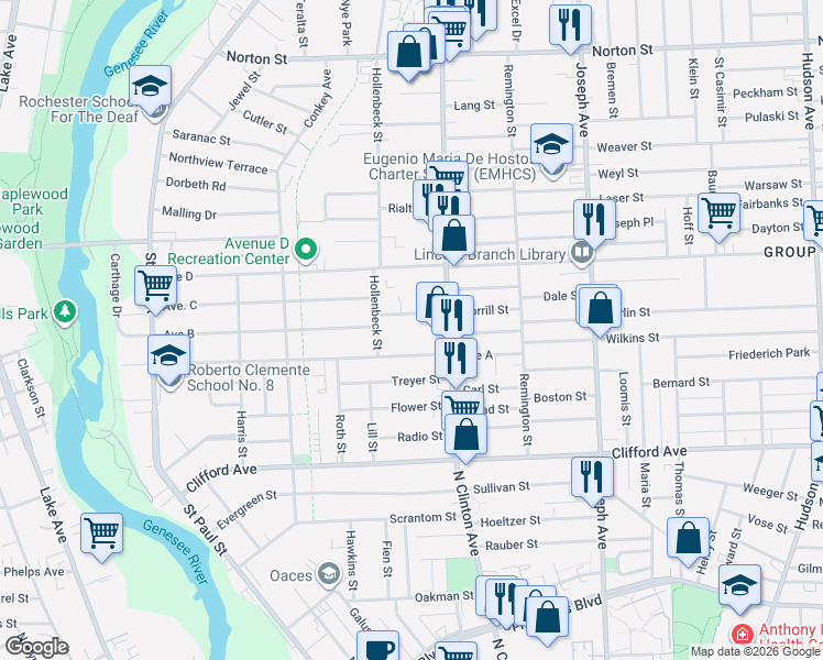 map of restaurants, bars, coffee shops, grocery stores, and more near 59 Morrill Street in Rochester