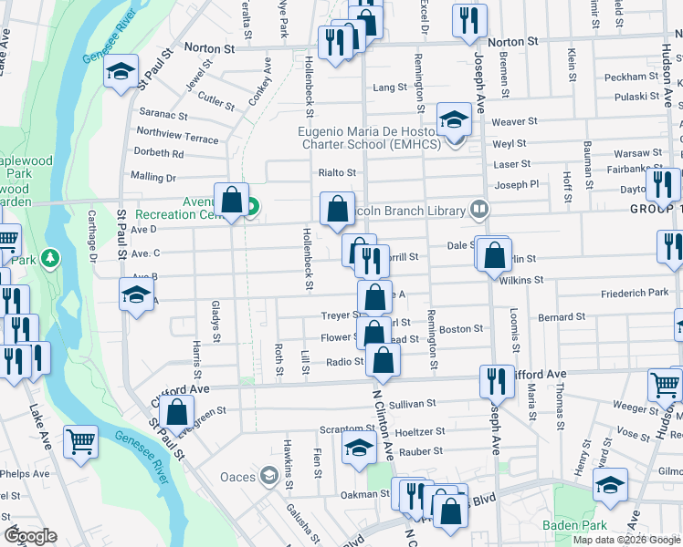 map of restaurants, bars, coffee shops, grocery stores, and more near 59 Morrill Street in Rochester