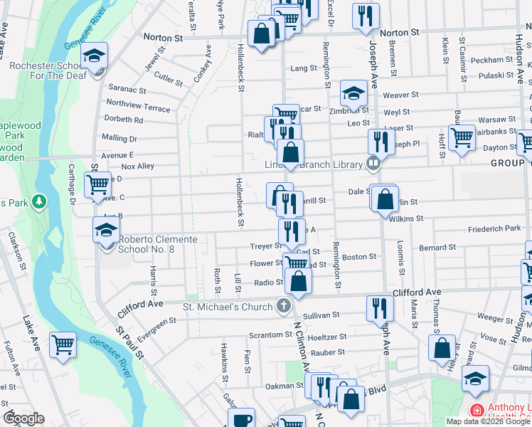 map of restaurants, bars, coffee shops, grocery stores, and more near 1073 North Clinton Avenue in Rochester