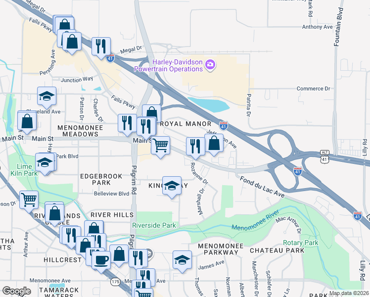 map of restaurants, bars, coffee shops, grocery stores, and more near N88 W15220 Main Street in Menomonee Falls