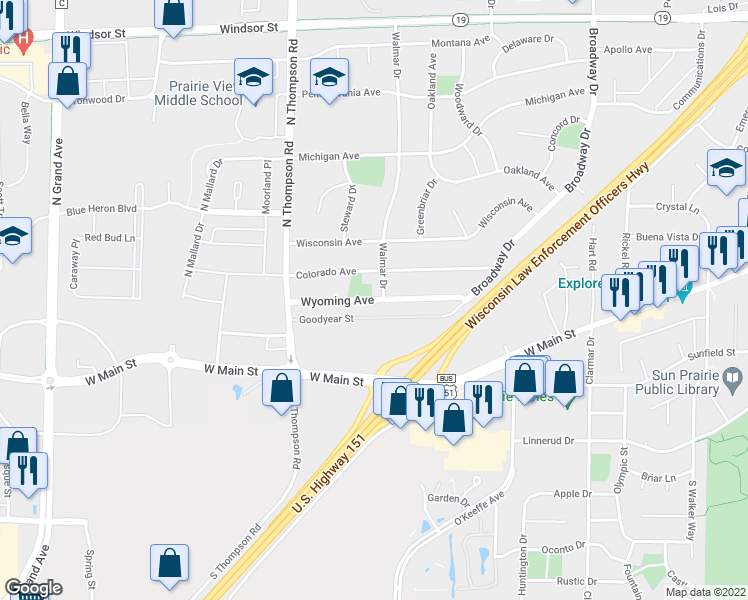 map of restaurants, bars, coffee shops, grocery stores, and more near 2073-2117 Wyoming Ave in Sun Prairie