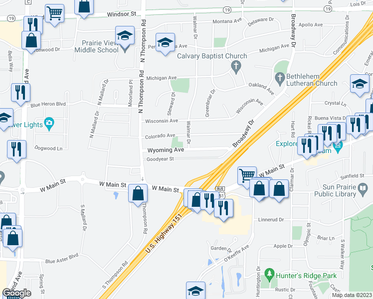 map of restaurants, bars, coffee shops, grocery stores, and more near Wyoming Avenue in Sun Prairie