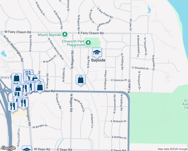 map of restaurants, bars, coffee shops, grocery stores, and more near 8935 North Maitland Road in Bayside