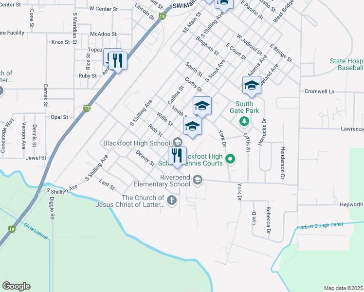 map of restaurants, bars, coffee shops, grocery stores, and more near 870 South Fisher Street in Blackfoot