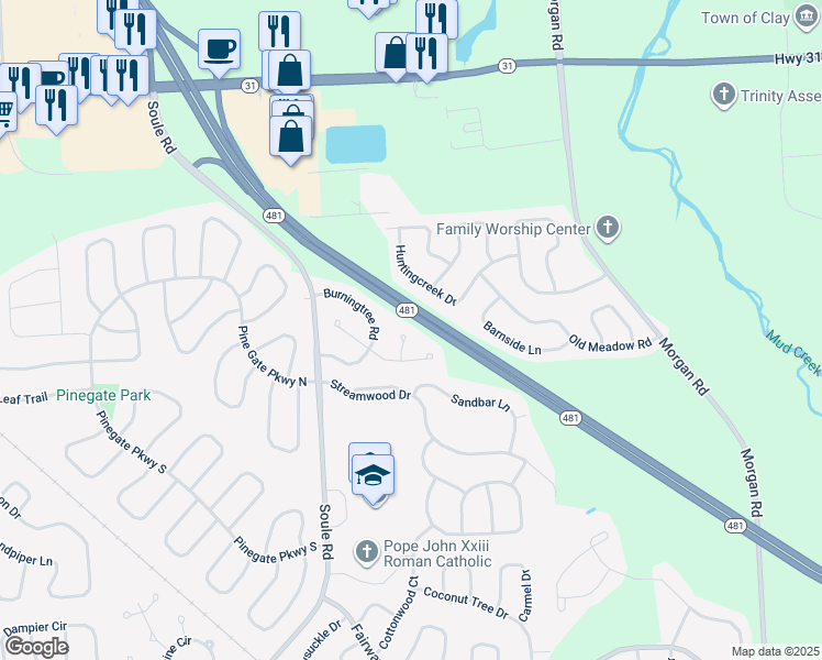 map of restaurants, bars, coffee shops, grocery stores, and more near 8412B Bramblebush Circle in Liverpool