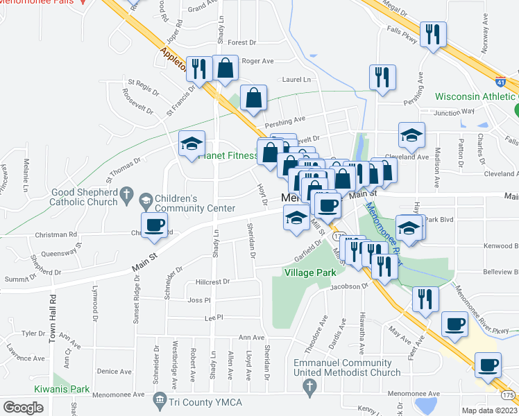 map of restaurants, bars, coffee shops, grocery stores, and more near N88W16954 Main Street in Menomonee Falls