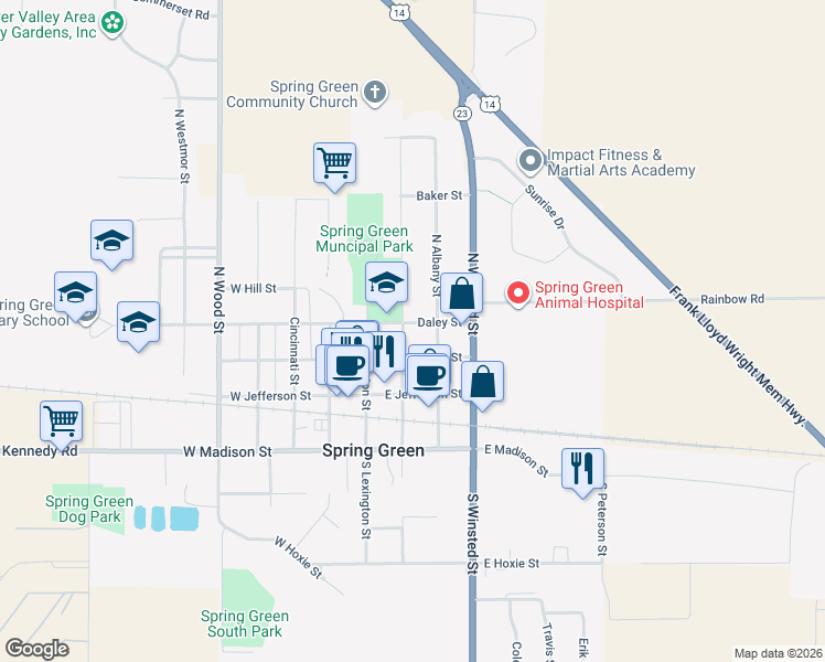 map of restaurants, bars, coffee shops, grocery stores, and more near 197 Daley Street in Spring Green