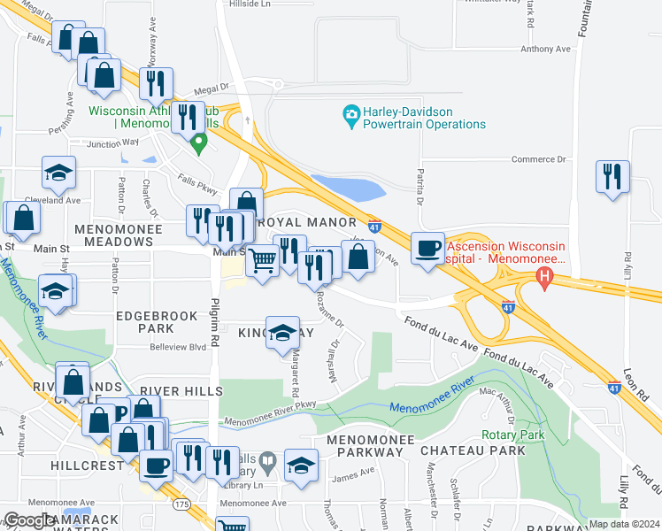 map of restaurants, bars, coffee shops, grocery stores, and more near N88W15133 Cleveland Avenue in Menomonee Falls