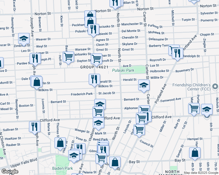 map of restaurants, bars, coffee shops, grocery stores, and more near 481 Wilkins Street in Rochester