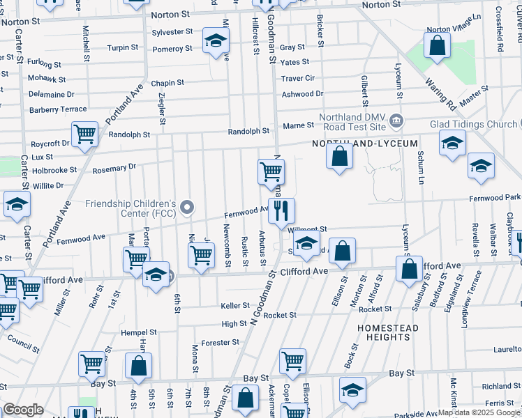 map of restaurants, bars, coffee shops, grocery stores, and more near Fernwood Avenue & Arbutus Street in Rochester