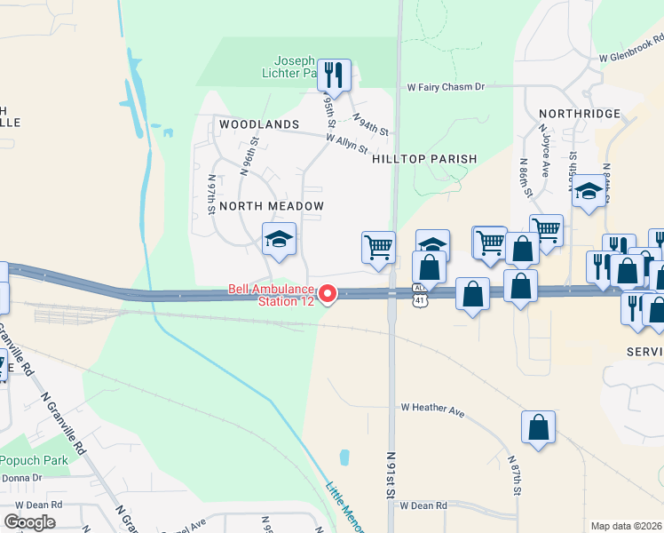 map of restaurants, bars, coffee shops, grocery stores, and more near 8848B North 95th Street in Milwaukee