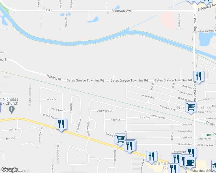 map of restaurants, bars, coffee shops, grocery stores, and more near 449 Gates Greece Townline Road in Rochester