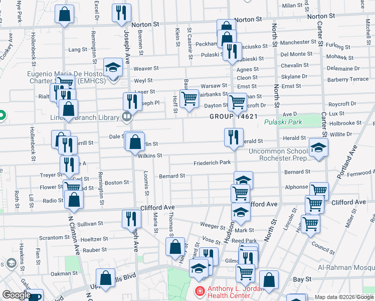 map of restaurants, bars, coffee shops, grocery stores, and more near 187 Berlin Street in Rochester